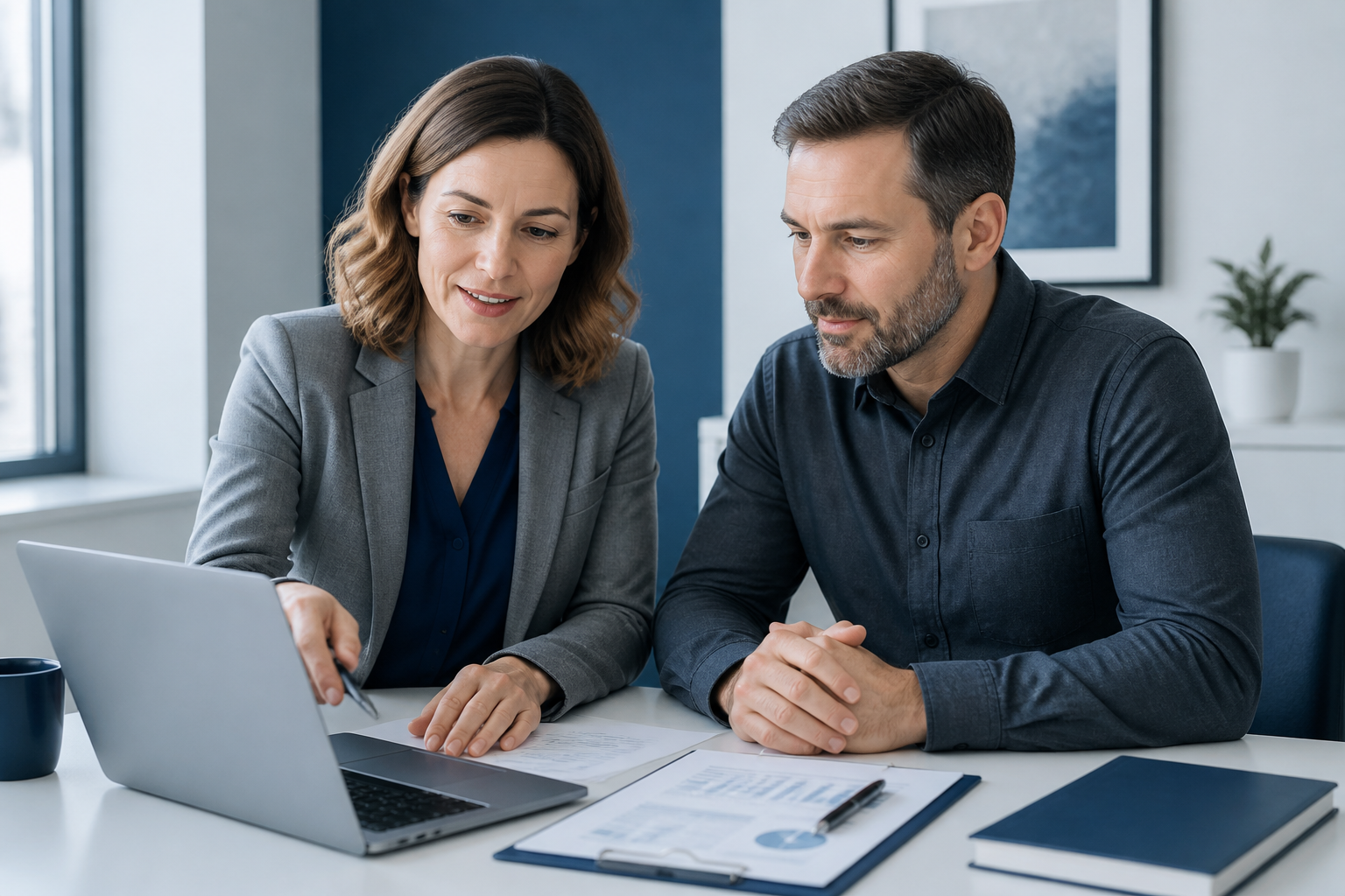 A supportive advisor reassuring a business owner during a calm, professional conversation.